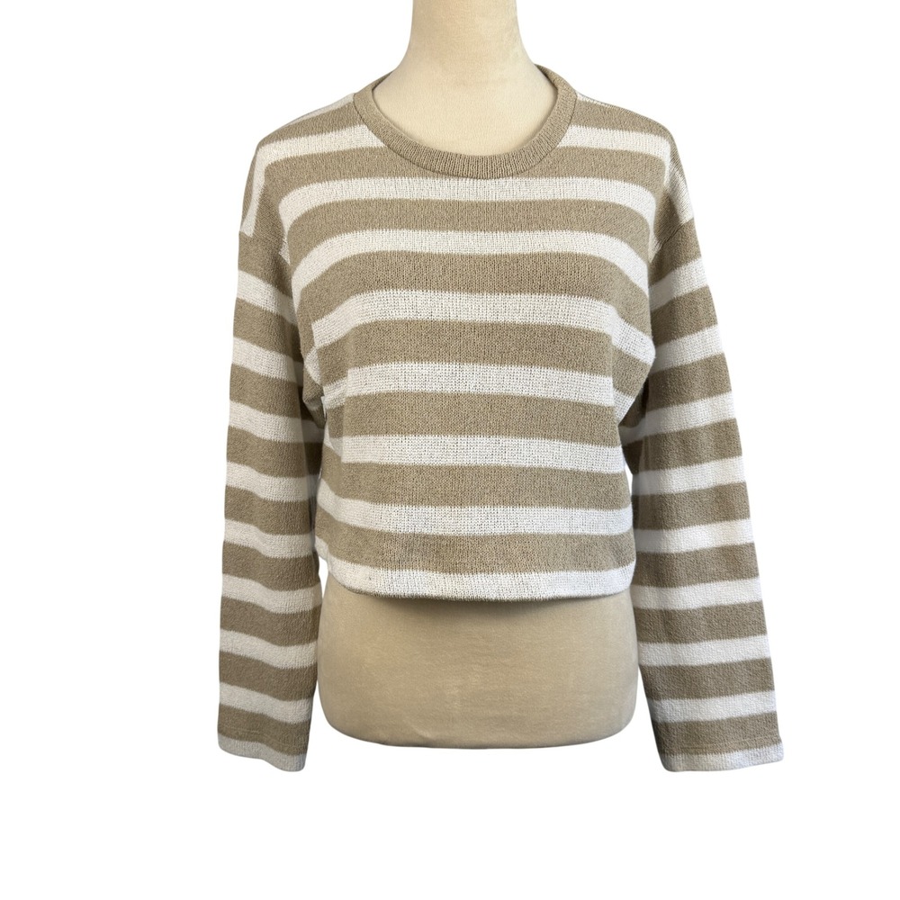 Zara Womens Small Tan White Striped Cropped Knit Sweater‎ Crew Neck